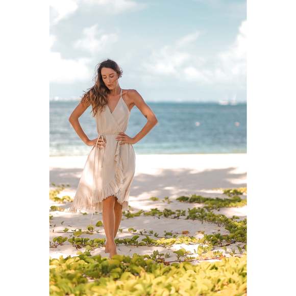 Resort Midi Wrap Dress by T. ZOVICH Linen Sleeveless Beige Raw Hem Ecofriendly - Picture 1 of 16